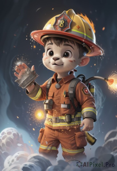 solo,looking at viewer,smile,short hair,brown hair,long sleeves,1boy,hat,holding,brown eyes,closed mouth,standing,jacket,male focus,hand up,bag,black eyes,backpack,helmet,fire,furry,smoke,pocket,breast pocket,furry male,male child,whiskers,sparks,patch,flashlight,orange pants,blush,animal ears,tail,shorts,belt,thick eyebrows