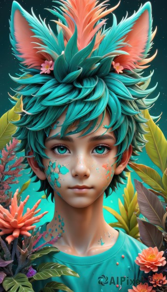 solo,looking at viewer,short hair,bangs,blue eyes,shirt,hair ornament,1boy,animal ears,closed mouth,green eyes,blue hair,collarbone,upper body,flower,male focus,green hair,artist name,hair flower,aqua eyes,lips,gradient,gradient background,eyelashes,aqua hair,leaf,watermark,blue shirt,plant,messy hair,portrait,web address,pink flower,freckles,nose,midoriya izuku,star (sky),realistic,monster boy