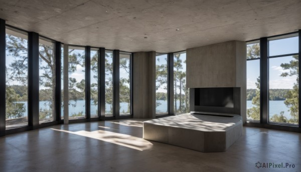 outdoors,sky,day,cloud,indoors,tree,blue sky,no humans,window,shadow,table,sunlight,scenery,reflection,television,reflective floor,bed,plant,wooden floor,wall