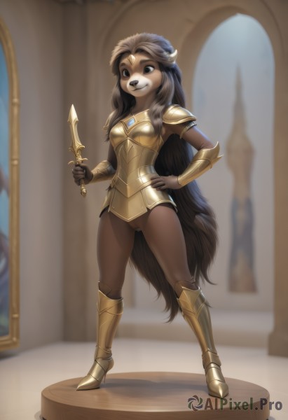 1girl,solo,long hair,breasts,looking at viewer,smile,brown hair,black hair,holding,animal ears,brown eyes,jewelry,very long hair,standing,tail,full body,weapon,small breasts,boots,pussy,artist name,indoors,hand up,signature,dark skin,holding weapon,armor,grin,blurry,black eyes,hand on hip,uncensored,depth of field,blurry background,bottomless,watermark,ass visible through thighs,happy,knee boots,knife,shoulder armor,gem,dog ears,furry,pauldrons,circlet,breastplate,furry female,dog girl,vambraces,holding knife,armored boots,bracer,dagger,body fur,bikini armor,animal nose,snout,holding dagger,gold armor,bangs,closed mouth,sidelocks,parted lips,high heels,fox girl,borrowed character,headpiece,cleft of venus,brown fur,two-tone fur,blue gemstone