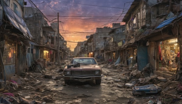 outdoors,sky,cloud,no humans,window,cloudy sky,ground vehicle,building,scenery,motor vehicle,sunset,city,sign,car,road,cityscape,ruins,power lines,street,twilight,utility pole,evening,road sign,trash can,dusk,broken glass,alley,rubble,trash bag,tire,broken window,signature,vehicle focus,lamppost,vanishing point