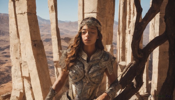 1girl,solo,long hair,looking at viewer,blonde hair,brown hair,brown eyes,jewelry,upper body,weapon,outdoors,sky,day,armor,tree,lips,looking to the side,shoulder armor,pauldrons,breastplate,mountain,realistic,fantasy,bracer,ruins,chainmail,one eye closed,helmet,pillar