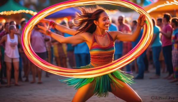 1girl,long hair,breasts,smile,open mouth,skirt,brown hair,jewelry,standing,earrings,solo focus,midriff,dark skin,necklace,blurry,bracelet,dark-skinned female,blurry background,tank top,dancing,crowd,very dark skin,dreadlocks,solo,closed eyes,teeth,armpits,outstretched arms,realistic