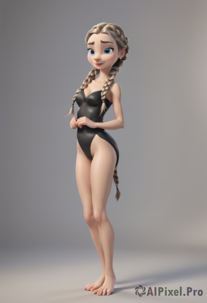 1girl,solo,long hair,breasts,looking at viewer,blush,smile,blue eyes,simple background,brown hair,bare shoulders,twintails,very long hair,standing,full body,braid,small breasts,barefoot,grey background,twin braids,leotard,lips,legs,bare arms,bare legs,strapless,makeup,toes,shadow,highleg,child,black leotard,hair over shoulder,highleg leotard,strapless leotard,freckles,toenails,red lips,female child,open mouth,blonde hair,cleavage,jewelry,medium breasts,collarbone,swimsuit,thighs,earrings,artist name,nail polish,feet,one-piece swimsuit,single braid,thick eyebrows,lipstick,black one-piece swimsuit,toenail polish