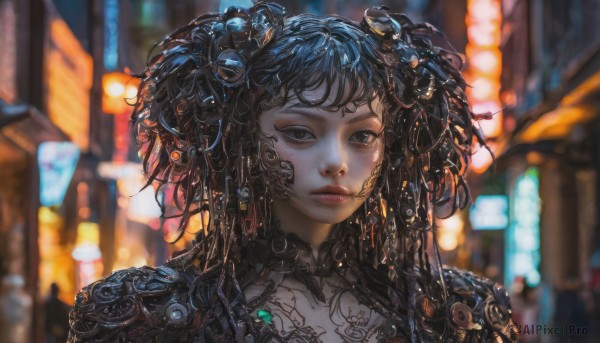 1girl,solo,long hair,looking at viewer,bangs,black hair,hair ornament,jewelry,closed mouth,upper body,outdoors,blurry,black eyes,lips,grey eyes,tattoo,depth of field,blurry background,expressionless,portrait,science fiction,city,realistic,cyborg,city lights,cyberpunk,earrings,armor,eyelashes,makeup,night,messy hair,veil,gold trim,nose,red lips