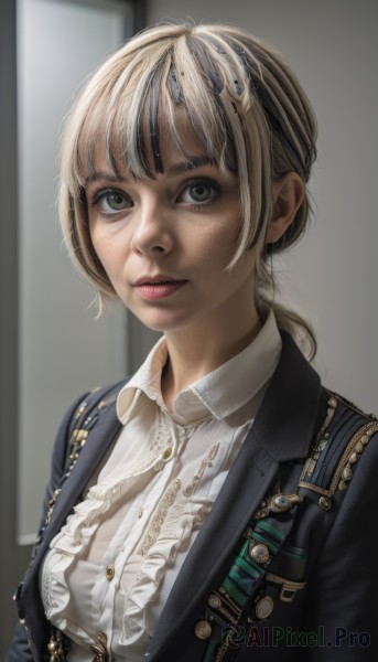 1girl,solo,long hair,breasts,looking at viewer,bangs,blonde hair,shirt,closed mouth,green eyes,jacket,white shirt,upper body,ponytail,frills,open clothes,collared shirt,blurry,open jacket,lips,black jacket,grey eyes,buttons,blurry background,low ponytail,freckles,realistic,nose,center frills,frilled shirt,short hair,parted lips,uniform,eyelashes,makeup,formal