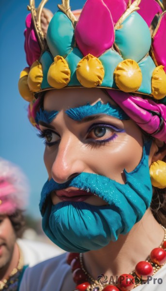 solo,1boy,hat,brown eyes,jewelry,blue hair,flower,male focus,outdoors,multiple boys,sky,solo focus,day,2boys,necklace,blurry,blue sky,lips,makeup,blurry background,facial hair,thick eyebrows,portrait,beard,realistic,nose,mustache,1girl,blue eyes,brown hair,hair ornament,gloves,closed mouth,earrings,looking to the side,eyelashes,depth of field,looking away,crown,lipstick,eyeshadow,beads,blue gloves,looking afar,mascara