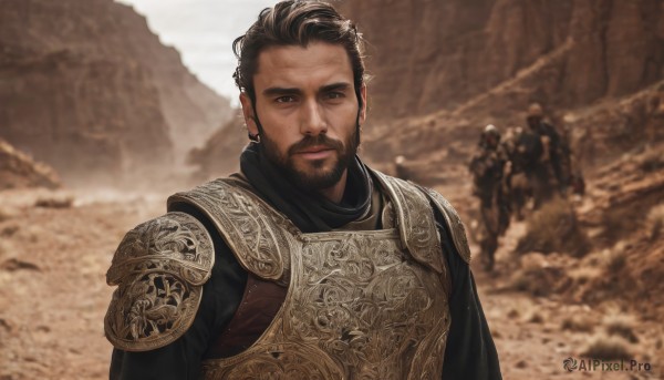 looking at viewer,short hair,brown hair,black hair,1boy,brown eyes,closed mouth,upper body,male focus,outdoors,multiple boys,solo focus,armor,blurry,blurry background,facial hair,shoulder armor,beard,pauldrons,breastplate,realistic,mustache,manly,photo background,chainmail,solo,jewelry,earrings,day,lips,depth of field,sand,soldier,desert