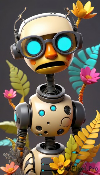 solo,looking at viewer,blue eyes,simple background,upper body,flower,grey background,blurry,gradient,gradient background,pokemon (creature),no humans,leaf,plant,robot,mecha,pink flower,yellow flower,cable,straight-on,orange flower,humanoid robot,non-humanoid robot,artist name,headphones,watermark,goggles