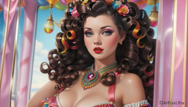 1girl,solo,long hair,breasts,looking at viewer,blush,blue eyes,large breasts,brown hair,black hair,hair ornament,cleavage,bare shoulders,jewelry,medium breasts,upper body,flower,multicolored hair,earrings,frills,parted lips,sky,day,cloud,hair flower,dark skin,necklace,two-tone hair,dark-skinned female,blue sky,lips,eyelashes,makeup,wavy hair,lipstick,curtains,gem,eyeshadow,freckles,curly hair,nose,red lips,big hair,arm garter,pearl necklace,mascara,eyeliner