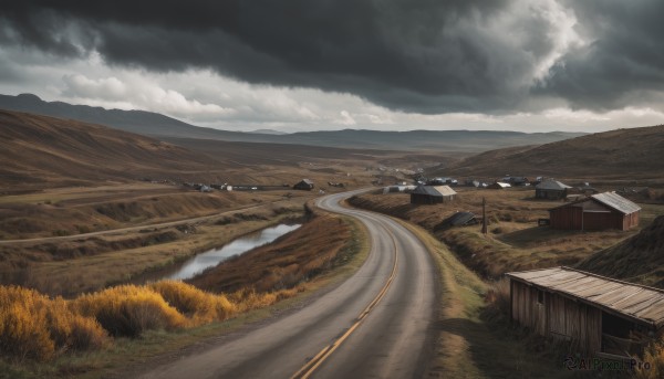 outdoors,sky,day,cloud,tree,no humans,cloudy sky,grass,ground vehicle,building,nature,scenery,mountain,road,field,house,bridge,power lines,river,landscape,path,hill,railroad tracks,water,forest,street,town