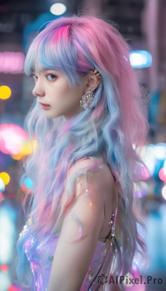 1girl,solo,long hair,looking at viewer,bangs,dress,bare shoulders,jewelry,closed mouth,blue hair,upper body,pink hair,multicolored hair,earrings,blurry,from side,two-tone hair,lips,grey eyes,gradient hair,makeup,depth of field,blurry background,wavy hair,piercing,lipstick,ear piercing,purple dress,realistic,nose,breasts,blue eyes,sleeveless,artist name,blunt bangs,eyelashes,profile,watermark,bokeh