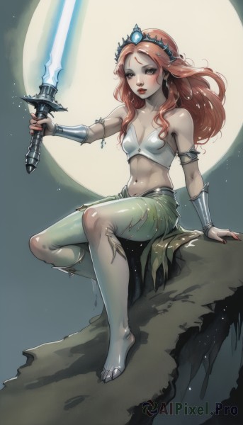 1girl,solo,long hair,breasts,looking at viewer,skirt,brown hair,navel,holding,cleavage,bare shoulders,jewelry,sitting,full body,weapon,red hair,small breasts,parted lips,barefoot,pointy ears,midriff,sword,artist name,holding weapon,lips,fingernails,grey eyes,torn clothes,strapless,night,holding sword,moon,tiara,monster girl,green skirt,full moon,armlet,rock,vambraces,red lips,bracer,glowing weapon,glowing sword,sitting on rock,lightsaber,blush,brown eyes,medium breasts,pantyhose,nail polish,armor,arm support,energy sword