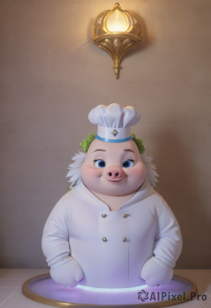 solo,looking at viewer,blush,smile,blue eyes,long sleeves,1boy,hat,white hair,male focus,buttons,white headwear,1other,plate,light,pig,chef hat,light bulb,chef,upper body,artist name,no humans,furry,furry male,fat