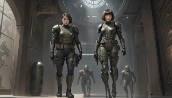 breasts,short hair,multiple girls,brown hair,gloves,holding,2girls,brown eyes,medium breasts,standing,full body,weapon,boots,multiple boys,indoors,holding weapon,armor,gun,military,bodysuit,bob cut,helmet,shoulder armor,holding gun,rifle,handgun,walking,science fiction,pouch,holster,knee pads,multiple others,thigh holster,hallway,soldier,1girl,looking at viewer,bangs,black hair,belt,lips,blood,military uniform,thigh gap,knife,assault rifle,explosive,grenade