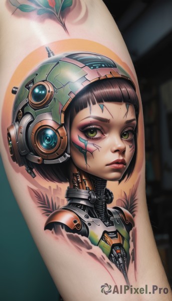 1girl,solo,looking at viewer,short hair,bangs,brown hair,black hair,green eyes,parted lips,blunt bangs,blurry,lips,eyelashes,tattoo,makeup,blurry background,headgear,facial mark,bob cut,lipstick,portrait,eyeshadow,science fiction,nose,android,red lips,eyeliner,cable,cyborg,robot joints,mascara,cyberpunk,mechanical parts,closed mouth,upper body,flower,from side,headphones,robot,realistic,facepaint,damaged