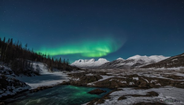 outdoors,sky,water,tree,no humans,night,star (sky),nature,night sky,scenery,snow,forest,starry sky,rock,mountain,winter,river,landscape,lake,aurora,pine tree