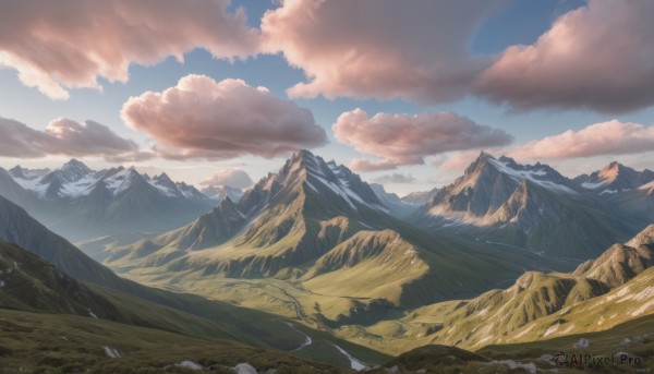 outdoors,sky,day,cloud,blue sky,no humans,cloudy sky,nature,scenery,snow,mountain,landscape,mountainous horizon,tree