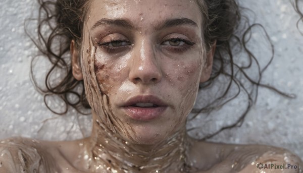 1girl,solo,looking at viewer,brown hair,black hair,brown eyes,nude,lying,parted lips,teeth,on back,water,hair bun,mole,lips,wet,portrait,snow,partially submerged,freckles,realistic,mole on cheek,short hair,collarbone,eyelashes,close-up,dirty