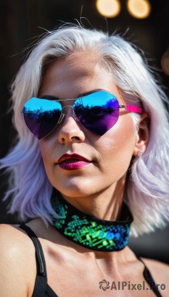 1girl,solo,short hair,jewelry,collarbone,white hair,earrings,choker,blurry,lips,makeup,sunglasses,lipstick,portrait,realistic,nose,red lips,tinted eyewear,blue-tinted eyewear,long hair,bare shoulders