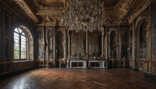 day,indoors,no humans,window,chair,table,sunlight,scenery,light rays,wooden floor,stairs,railing,light,candle,architecture,pillar,statue,ceiling,church,arch,candlestand,reflective floor,chandelier,column,fantasy,door,throne,painting (object),wooden chair