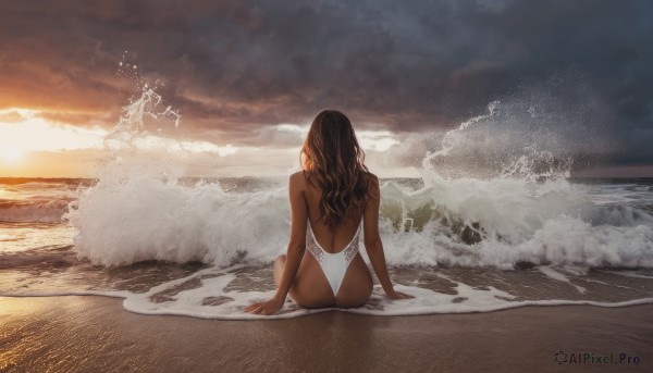 1girl,solo,long hair,brown hair,black hair,bare shoulders,sitting,swimsuit,ass,outdoors,sky,cloud,dark skin,water,from behind,dark-skinned female,one-piece swimsuit,ocean,arm support,back,highleg,beach,cloudy sky,sunset,sand,white one-piece swimsuit,sun,horizon,highleg swimsuit,facing away,casual one-piece swimsuit,waves,shore,median furrow,artist name,signature,bare arms,watermark,wavy hair,sunlight,web address,splashing