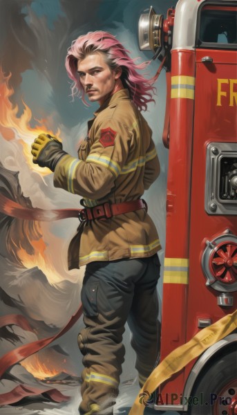 A stunning portrayal of a male in a calm fiery smoke