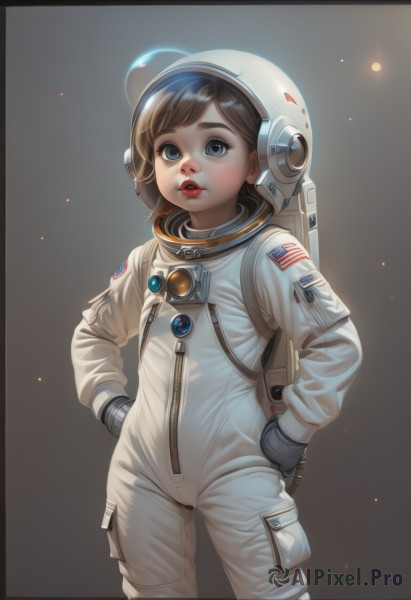 1girl,solo,looking at viewer,short hair,open mouth,bangs,blue eyes,brown hair,gloves,standing,cowboy shot,parted lips,teeth,lips,border,helmet,child,zipper,hands on hips,realistic,nose,red lips,black border,american flag,spacesuit,japanese flag,space helmet,astronaut,simple background,long sleeves,backpack,space