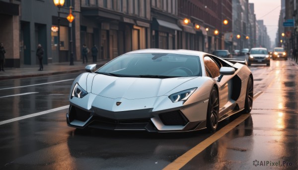 outdoors,multiple boys,solo focus,ground vehicle,building,motor vehicle,reflection,rain,city,car,road,multiple others,vehicle focus,police,lamppost,street,police uniform,traffic light,sports car,people,blurry,no humans,blurry background,scenery