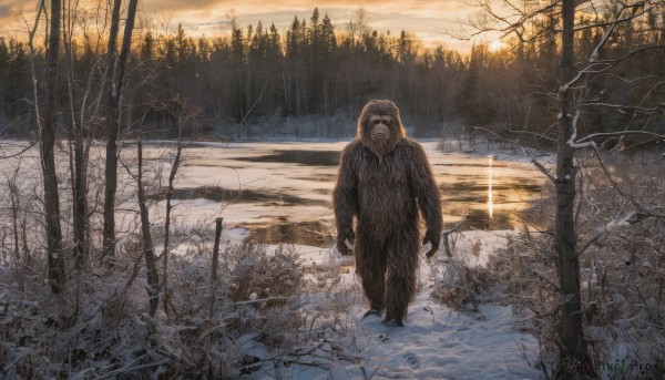 solo,1boy,standing,weapon,male focus,outdoors,sky,sword,cloud,hood,tree,no humans,cloudy sky,nature,scenery,snow,forest,bare tree,water,beard,sunset,monster,power lines,horror (theme)