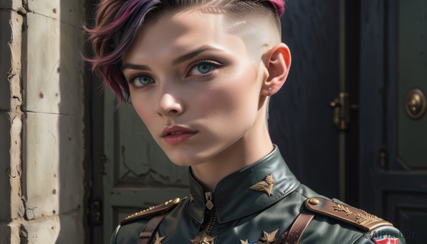 1girl,solo,looking at viewer,short hair,blue eyes,brown hair,jewelry,pink hair,purple hair,multicolored hair,earrings,parted lips,teeth,uniform,two-tone hair,lips,military,eyelashes,military uniform,portrait,realistic,nose,stud earrings,very short hair,wall,undercut,dirty,dirty face,eyebrow cut,jacket,makeup,scar,zipper,epaulettes,asymmetrical hair