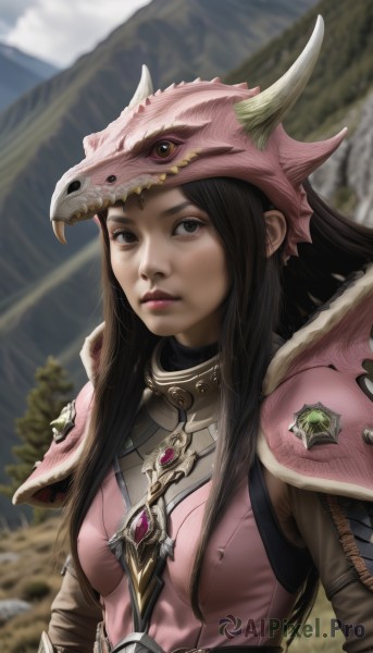 1girl,solo,long hair,breasts,looking at viewer,brown hair,black hair,brown eyes,closed mouth,upper body,small breasts,outdoors,horns,sky,day,armor,blurry,black eyes,lips,blurry background,helmet,shoulder armor,pauldrons,mountain,realistic,nose,fake horns,gorget,makeup