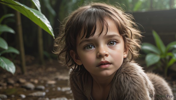 1girl,solo,looking at viewer,short hair,bangs,brown hair,black hair,brown eyes,green eyes,outdoors,parted lips,teeth,day,blurry,lips,fur trim,eyelashes,depth of field,blurry background,leaf,sunlight,plant,messy hair,portrait,realistic,nose,wind,nature,close-up