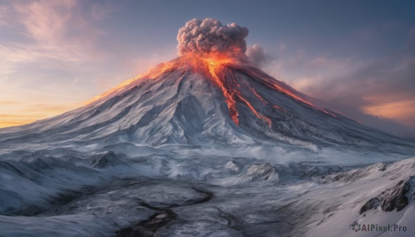 outdoors, sky, cloud, no humans, fire, scenery, mountain, molten rock