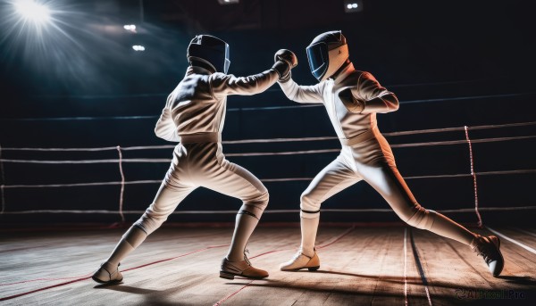 gloves,male focus,multiple boys,2boys,bodysuit,holding hands,helmet,sportswear,boots,black gloves,duel,spotlight,stage lights