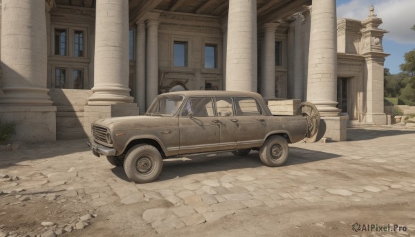 outdoors,sky,day,cloud,tree,blue sky,no humans,window,shadow,grass,ground vehicle,building,scenery,motor vehicle,car,road,ruins,vehicle focus,pillar,street,church,arch,wheel,sunlight