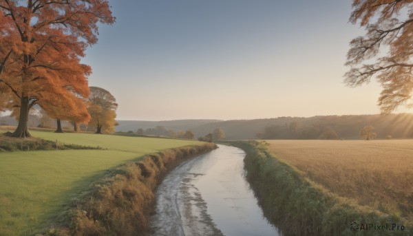 outdoors,sky,day,water,tree,blue sky,no humans,sunlight,grass,nature,scenery,sunset,rock,mountain,sun,autumn leaves,river,autumn,landscape,desert,cloud,road