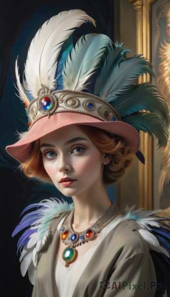 1girl,solo,looking at viewer,short hair,blue eyes,brown hair,hat,dress,jewelry,upper body,parted lips,necklace,lips,grey eyes,makeup,feathers,lipstick,gem,realistic,red lips,hat feather,brown eyes,closed mouth,earrings,nose,pink headwear,blue gemstone,plume