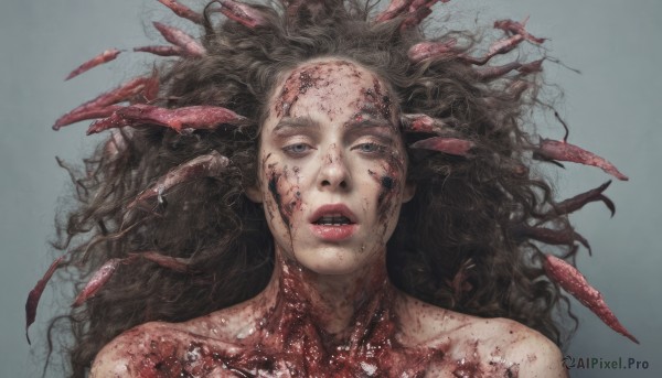 1girl,solo,long hair,looking at viewer,open mouth,blue eyes,simple background,brown hair,black hair,upper body,parted lips,teeth,lips,blood,portrait,blood on face,realistic,horror (theme),guro,bare shoulders,collarbone,nude,grey background,grey eyes,wavy hair,veins