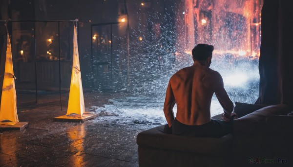 solo,short hair,black hair,1boy,sitting,male focus,pants,indoors,water,from behind,window,muscular,night,back,black pants,muscular male,building,scenery,snow,reflection,cuffs,topless male,snowing,facing away,light,lamp,outdoors,rain