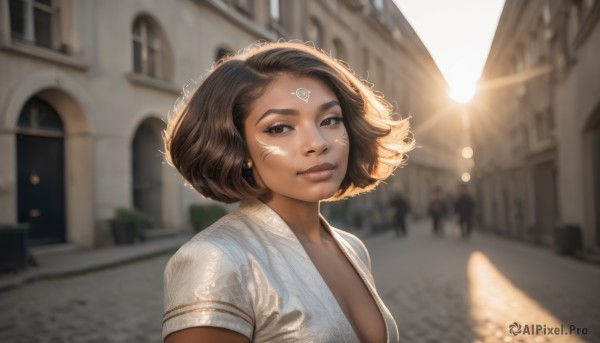 1girl,solo,breasts,looking at viewer,smile,short hair,brown hair,shirt,hat,brown eyes,jewelry,closed mouth,white shirt,upper body,short sleeves,heart,earrings,small breasts,outdoors,solo focus,day,dark skin,blurry,black eyes,dark-skinned female,lips,depth of field,blurry background,facial mark,sunlight,building,lens flare,realistic,nose,straw hat,street,cleavage,sky,eyelashes,backlighting,sun hat,forehead mark,sun,road,facepaint,forehead jewel