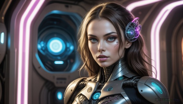 HQ,1girl,solo,long hair,looking at viewer,blue eyes,brown hair,hair ornament,upper body,parted lips,armor,blurry,lips,bodysuit,makeup,headgear,lipstick,portrait,science fiction,realistic,nose,cyborg,cyberpunk,eyelashes,glowing,facial mark,expressionless,forehead,hologram