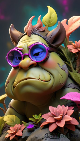 solo,looking at viewer,smile,1boy,closed mouth,flower,male focus,horns,glasses,artist name,black eyes,no humans,leaf,sunglasses,goggles,furry,pink flower,purple flower,furry male,green skin,green-framed eyewear,upper body,blurry,blurry background,colored skin,plant,tusks