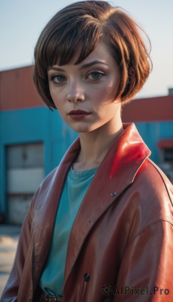 1girl,solo,looking at viewer,short hair,bangs,brown hair,shirt,brown eyes,closed mouth,green eyes,jacket,upper body,outdoors,open clothes,day,belt,blurry,lips,coat,makeup,depth of field,blurry background,bob cut,blue shirt,freckles,brown jacket,realistic,nose,open jacket,eyelashes,sunlight,red jacket,leather,dirty,leather jacket,dirty face