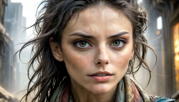 HQ,1girl,solo,long hair,looking at viewer,brown hair,black hair,brown eyes,sweat,outdoors,parted lips,teeth,blurry,lips,wet,eyelashes,depth of field,blurry background,building,messy hair,portrait,close-up,forehead,realistic,nose,dirty,dirty face,smile,green eyes,wind