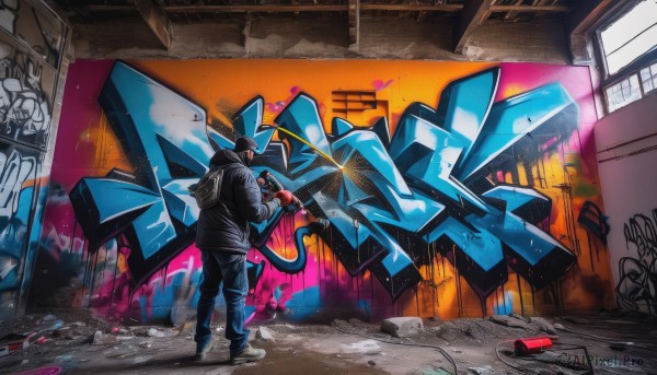 solo,short hair,black hair,gloves,1boy,holding,standing,jacket,full body,male focus,outdoors,shoes,pants,indoors,hood,fingerless gloves,from behind,black footwear,black jacket,hoodie,black pants,hood down,building,sneakers,hooded jacket,wall,paint,graffiti,alley,spray can,black hoodie,skateboard