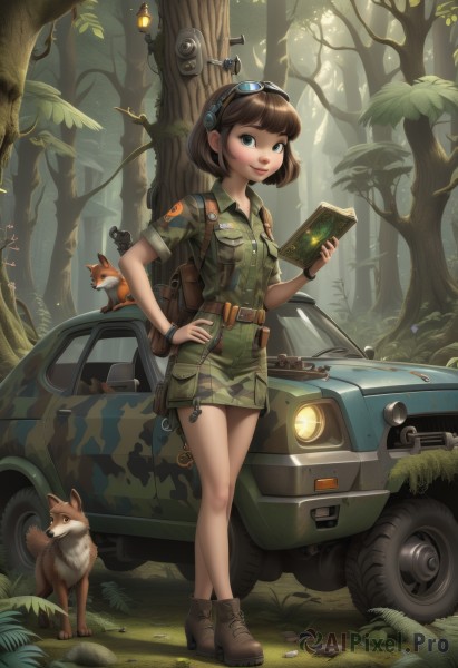 1girl,solo,looking at viewer,smile,short hair,bangs,blue eyes,brown hair,shirt,holding,jewelry,standing,full body,weapon,short sleeves,hairband,boots,outdoors,shorts,belt,bag,uniform,bracelet,tree,lips,hand on hip,gun,book,military,military uniform,animal,leaf,brown footwear,bob cut,backpack,grass,goggles,ground vehicle,nature,motor vehicle,sleeves rolled up,forest,holding book,pocket,goggles on head,dog,watch,pouch,open book,green shirt,ankle boots,car,wristwatch,camouflage,fox,map,squirrel,radio,flashlight,tire,green eyes,nail polish,realistic,nose,vehicle focus,clipboard,utility belt