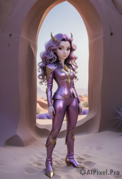 1girl,solo,long hair,breasts,looking at viewer,bangs,brown eyes,medium breasts,closed mouth,standing,purple eyes,full body,purple hair,boots,outdoors,horns,shiny,artist name,armor,high heels,shiny hair,bodysuit,wavy hair,shoulder armor,arms at sides,smile,gloves,lips,breastplate,armored boots