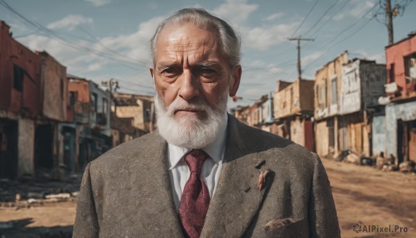 solo,shirt,1boy,closed mouth,jacket,white shirt,upper body,white hair,grey hair,male focus,outdoors,necktie,sky,day,collared shirt,cloud,blurry,blue sky,blurry background,facial hair,formal,suit,red necktie,building,facing viewer,beard,brown jacket,realistic,mustache,bald,manly,old,power lines,old man,utility pole,photo background,looking at viewer,jewelry,closed eyes,earrings,vest,depth of field,ground vehicle,motor vehicle,car,road,house