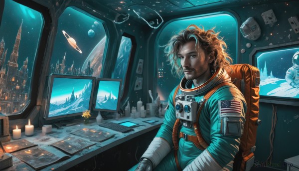 1girl,solo,short hair,brown hair,1boy,sitting,flower,indoors,signature,bag,cup,window,bandages,moon,sleeping,backpack,messy hair,star (sky),scenery,fish,science fiction,realistic,glass,space,monitor,planet,earth (planet),american flag,spacecraft,spacesuit,broken glass,cockpit,astronaut,blonde hair,male focus,facial hair,helmet,bottle,beard,pilot suit,computer,holographic interface